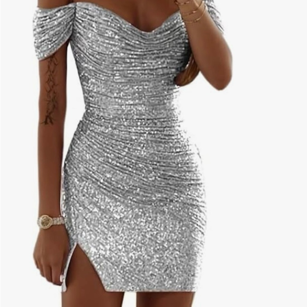 Silver Off-Shoulder Ruched Cocktail Mini Dress